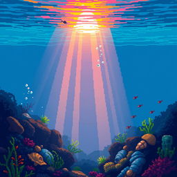 A pixelated underwater scene illuminated by the soft, warm light of the sunset filtering through the water