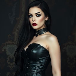 A sexy gothic woman with a submissive aesthetic, featuring a collar that signifies her allure