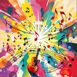 An abstract representation of music, featuring vibrant colors and dynamic shapes that symbolize sound waves, rhythms, and melodies