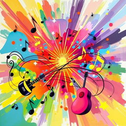 An abstract representation of music, featuring vibrant colors and dynamic shapes that symbolize sound waves, rhythms, and melodies