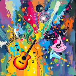 An abstract representation of music, featuring vibrant colors and dynamic shapes that symbolize sound waves, rhythms, and melodies