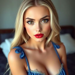 A beautiful and sexy girl with long blonde hair and brown eyes that have a subtle red hue, showcasing sharp and charming facial features