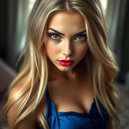 A beautiful and sexy girl with long blonde hair and brown eyes that have a subtle red hue, showcasing sharp and charming facial features