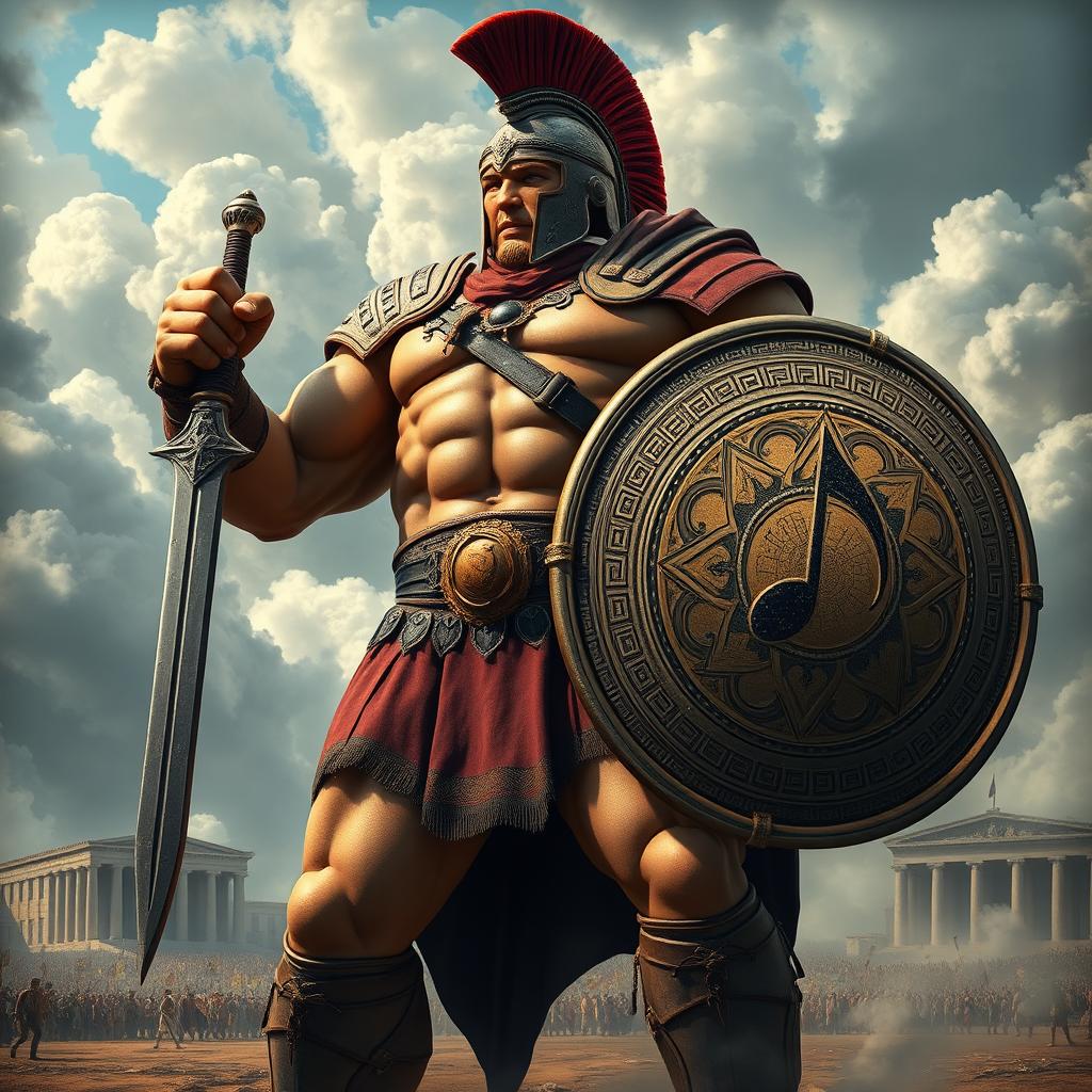 A giant Spartan warrior with enormous proportions, showcasing massive arms and legs, and a well-defined muscular abdomen