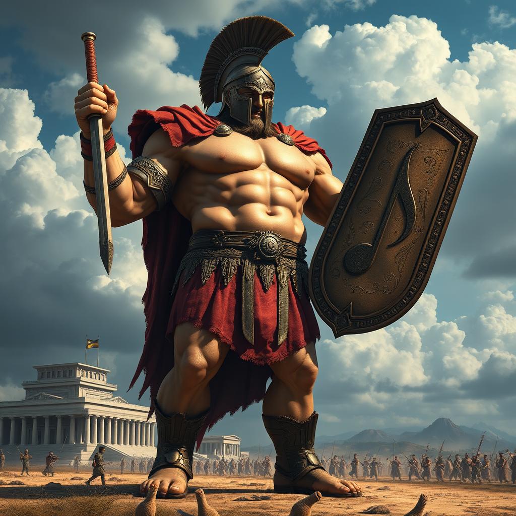 A giant Spartan warrior with enormous proportions, showcasing massive arms and legs, and a well-defined muscular abdomen