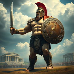 A giant Spartan warrior with enormous proportions, showcasing massive arms and legs, and a well-defined muscular abdomen