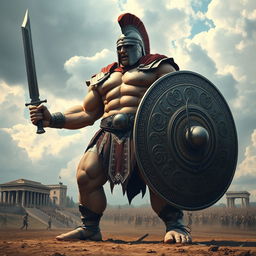 A giant Spartan warrior with enormous proportions, showcasing massive arms and legs, and a well-defined muscular abdomen