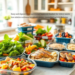 A beautifully arranged meal prep station featuring easy-to-digest, nutritionally balanced foods tailored for elderly individuals