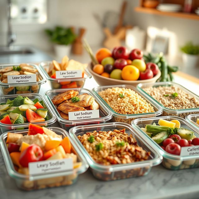 A beautifully arranged meal prep station featuring easy-to-digest, nutritionally balanced foods tailored for elderly individuals