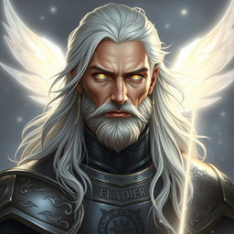 A detailed portrait of an aasimar cleric named Eladiel, radiating celestial energy softly around him