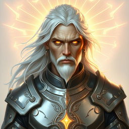 A detailed portrait of an aasimar cleric named Eladiel, radiating celestial energy softly around him