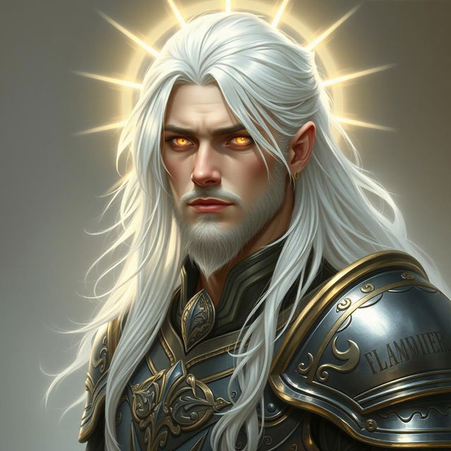 A detailed portrait of an aasimar cleric named Eladiel, radiating celestial energy softly around him