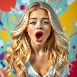 A stunning blonde girl with an expressive ahegao face, showcasing exaggerated features of pleasure and excitement