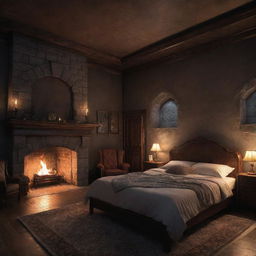 Comic-style fantasy castle room, featuring a cozy bed and a crackling fireplace, bathed in subtle, soft darkness.