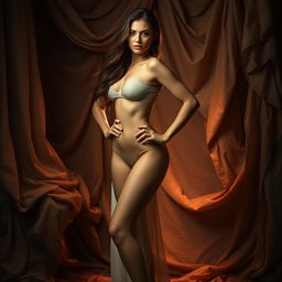 A stunning artistic portrayal of a confident woman, standing proudly in a dimly lit room adorned with luxurious fabrics and textures