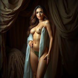 A stunning artistic portrayal of a confident woman, standing proudly in a dimly lit room adorned with luxurious fabrics and textures