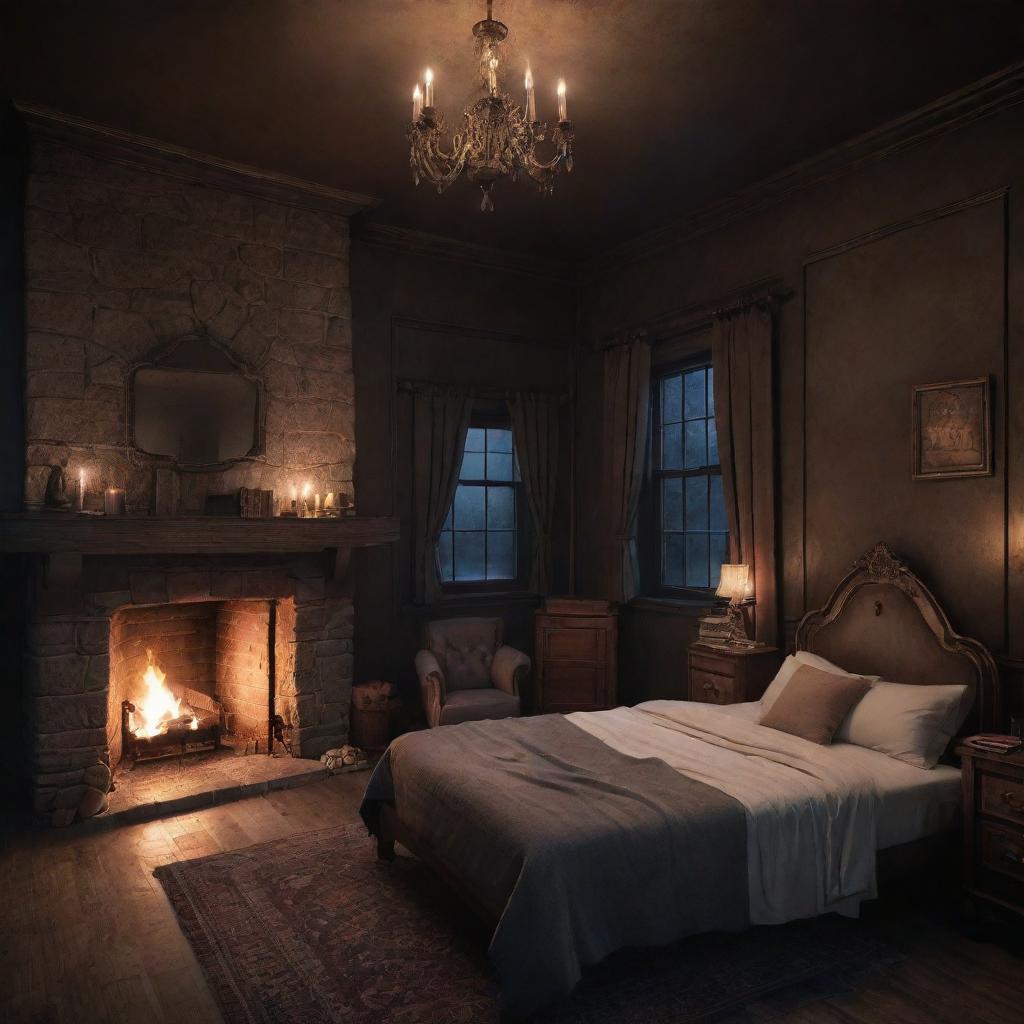 Comic-style fantasy castle room, featuring a cozy bed and a crackling fireplace, bathed in subtle, soft darkness.