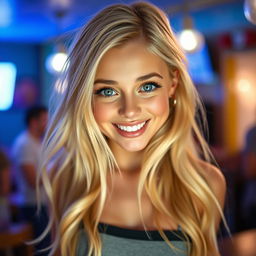 A beautiful, realistic blonde girl with an expressive ahegao face, showcasing her playful and captivating personality