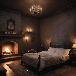 Comic-style fantasy castle room, featuring a cozy bed and a crackling fireplace, bathed in subtle, soft darkness.