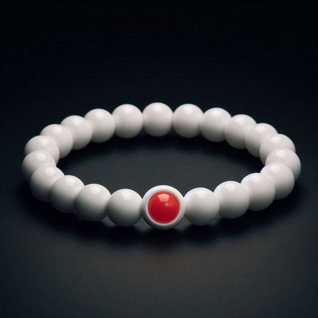 A stylish bracelet made of glossy white beads, featuring a standout centerpiece bead colored in vibrant pink