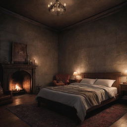 Comic-style fantasy castle room, featuring a cozy bed and a crackling fireplace, bathed in subtle, soft darkness.