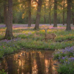 An enchanting forest glade at sunset, filled with vibrant, centuries-old trees, and a carpet of multi-color, soft wildflowers. A deer sips from a crystal clear stream, reflecting the sky's warm colors.