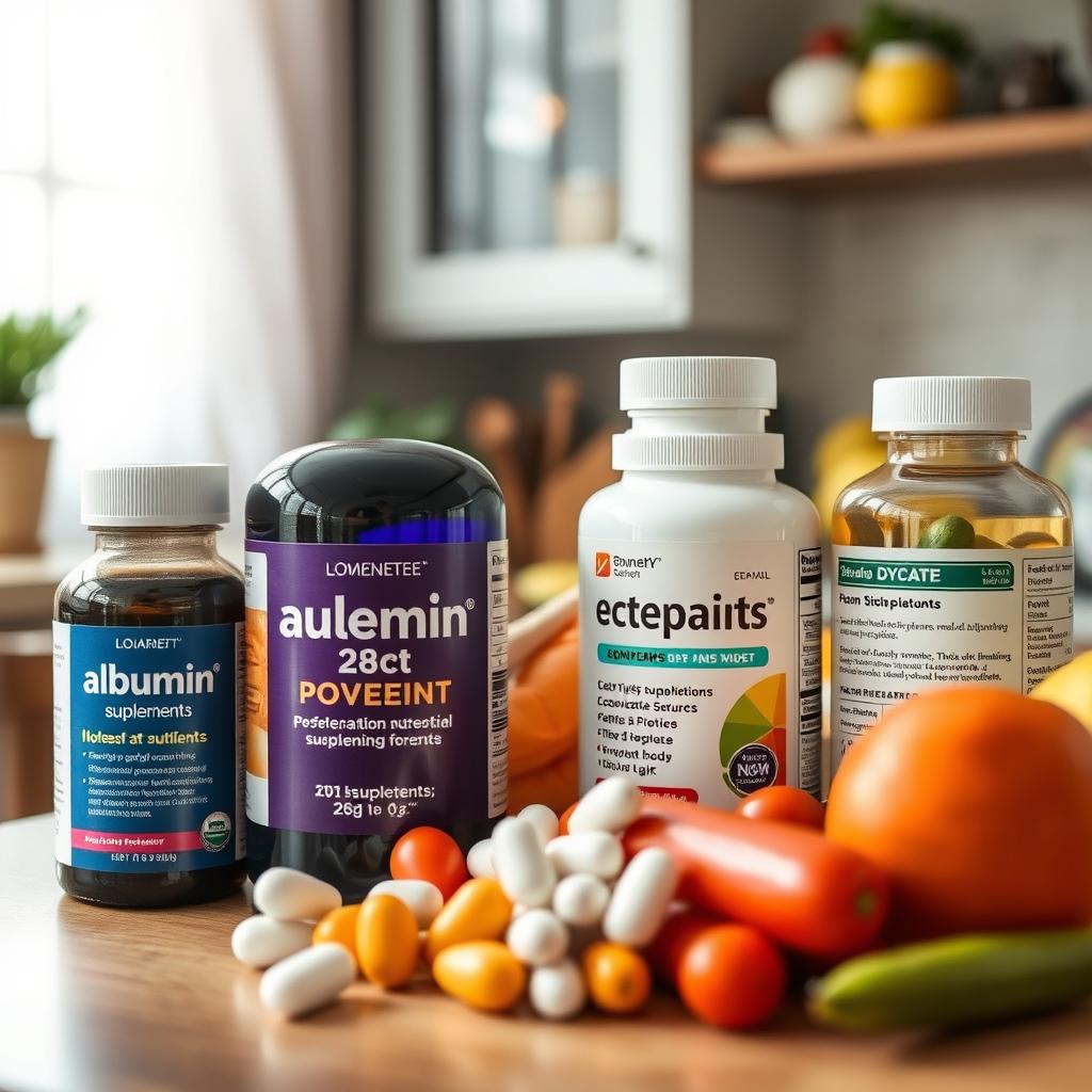 A thoughtfully arranged display of nutritional supplements for elderly patients, highlighting protein supplements like albumin, vitamins, and other essential nutrients that promote recovery