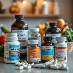 A thoughtfully arranged display of nutritional supplements for elderly patients, highlighting protein supplements like albumin, vitamins, and other essential nutrients that promote recovery