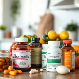 A thoughtfully arranged display of nutritional supplements for elderly patients, highlighting protein supplements like albumin, vitamins, and other essential nutrients that promote recovery