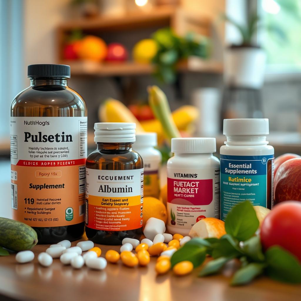 A thoughtfully arranged display of nutritional supplements for elderly patients, highlighting protein supplements like albumin, vitamins, and other essential nutrients that promote recovery