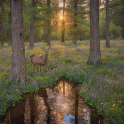 An enchanting forest glade at sunset, filled with vibrant, centuries-old trees, and a carpet of multi-color, soft wildflowers. A deer sips from a crystal clear stream, reflecting the sky's warm colors.