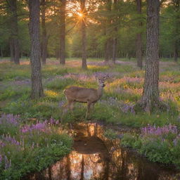 An enchanting forest glade at sunset, filled with vibrant, centuries-old trees, and a carpet of multi-color, soft wildflowers. A deer sips from a crystal clear stream, reflecting the sky's warm colors.