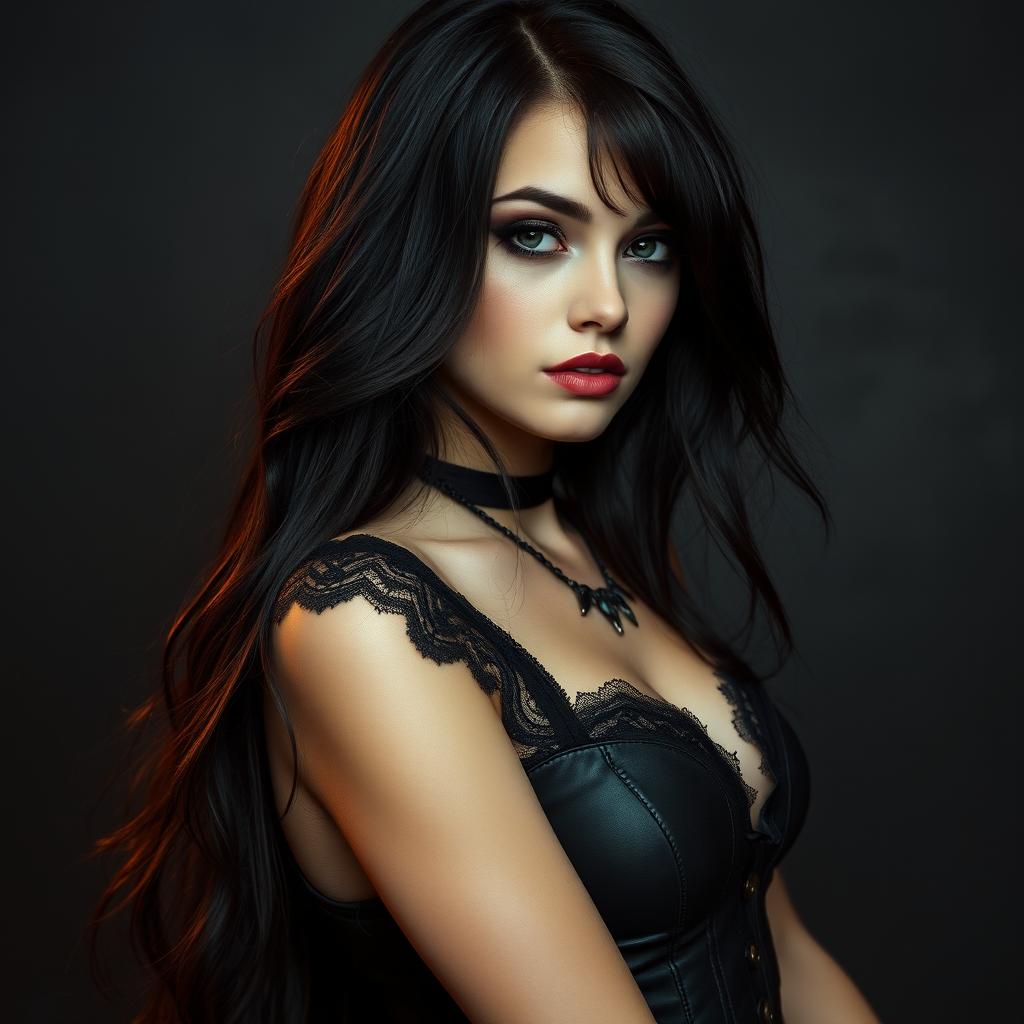 A captivating and confident realistic goth girl with a natural appeal, embodying a sexy yet authentic look