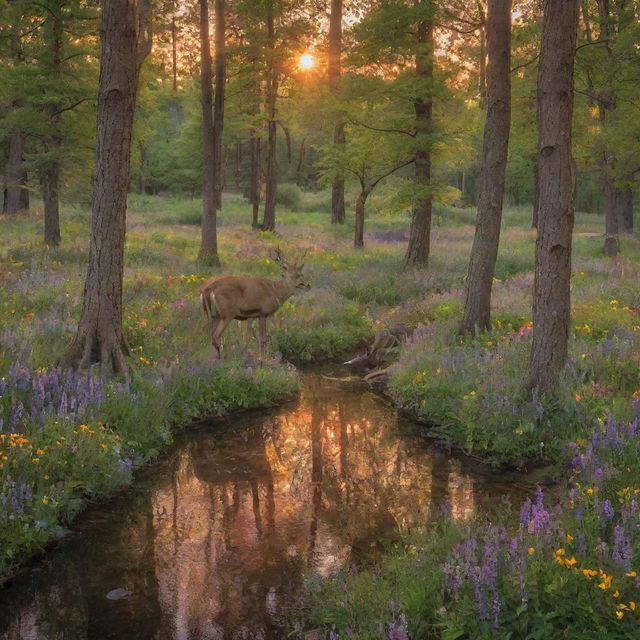 An enchanting forest glade at sunset, filled with vibrant, centuries-old trees, and a carpet of multi-color, soft wildflowers. A deer sips from a crystal clear stream, reflecting the sky's warm colors.