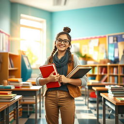 A future female teacher, radiating strength and determination, standing confidently in a vibrant classroom filled with books and educational materials