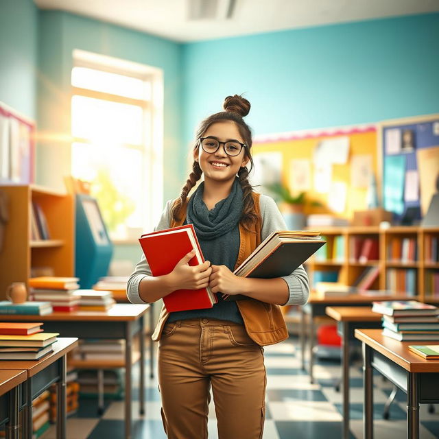 A future female teacher, radiating strength and determination, standing confidently in a vibrant classroom filled with books and educational materials