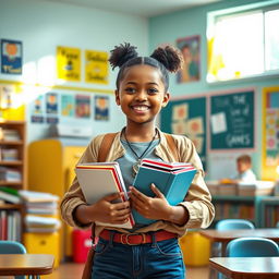 A future female teacher, radiating strength and determination, standing confidently in a vibrant classroom filled with books and educational materials