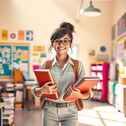 A future female teacher, radiating strength and determination, standing confidently in a vibrant classroom filled with books and educational materials