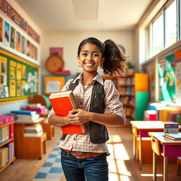 A future female teacher, radiating strength and determination, standing confidently in a vibrant classroom filled with books and educational materials