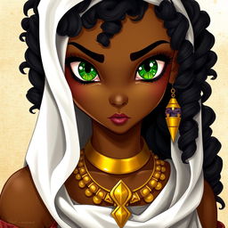 A female character with olive skin, large green reptilian-like eyes, inspired by ancient Egypt and reminiscent of Esmeralda from The Hunchback of Notre Dame