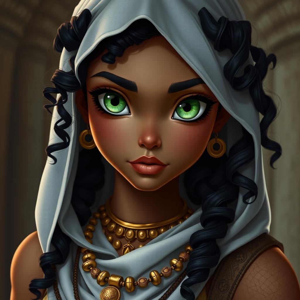 A female character with olive skin, large green reptilian-like eyes, inspired by ancient Egypt and reminiscent of Esmeralda from The Hunchback of Notre Dame