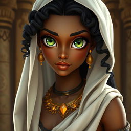 A female character with olive skin, large green reptilian-like eyes, inspired by ancient Egypt and reminiscent of Esmeralda from The Hunchback of Notre Dame