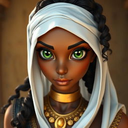 A female character with olive skin, large green reptilian-like eyes, inspired by ancient Egypt and reminiscent of Esmeralda from The Hunchback of Notre Dame