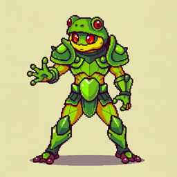 A humanoid character in frog armor, designed in pixel art style with a resolution of 32x32 pixels