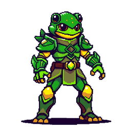 A humanoid character in frog armor, designed in pixel art style with a resolution of 32x32 pixels