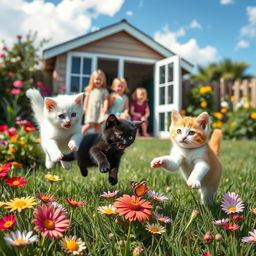 A sunny day in a garden filled with colorful flowers and green grass