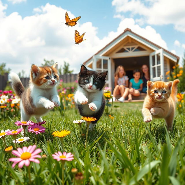 A sunny day in a garden filled with colorful flowers and green grass