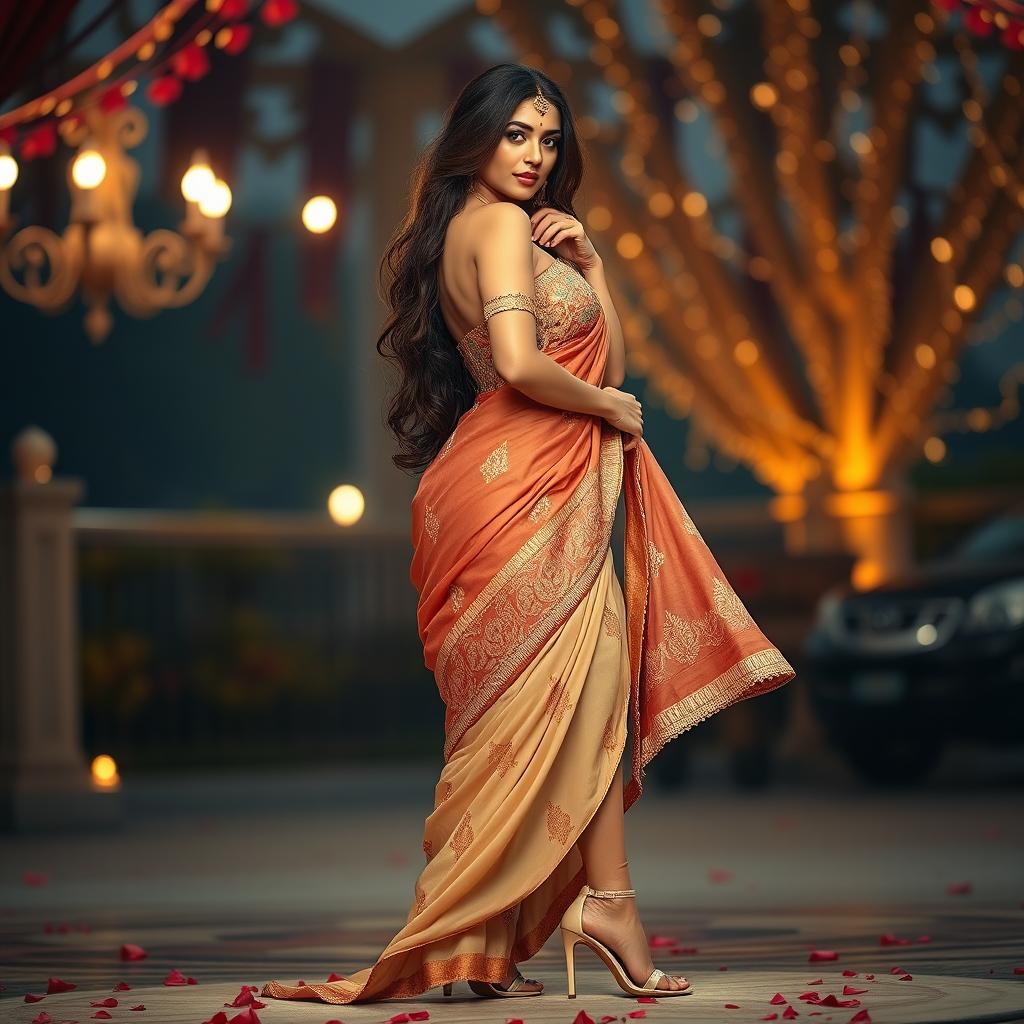 A romantic scene featuring a beautiful Indian woman inspired by Aishwarya Rai, showcasing her curvaceous figure and alluring beauty