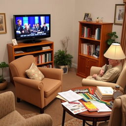 A cozy living room setting designed for elderly patients, featuring an inviting corner with a comfortable armchair, surrounded by a small bookshelf filled with an assortment of books and magazines