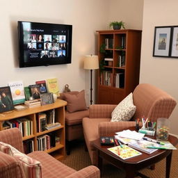 A cozy living room setting designed for elderly patients, featuring an inviting corner with a comfortable armchair, surrounded by a small bookshelf filled with an assortment of books and magazines